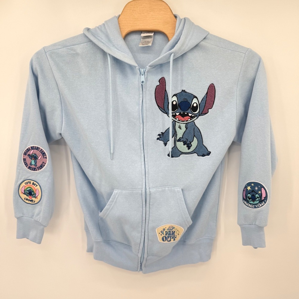 Disney Stitch Zip Up Hoodie Women M Light Blue WVSJM75-4L16 Embroidered Patches
